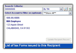 List of tax Forms issued to this Recipient window